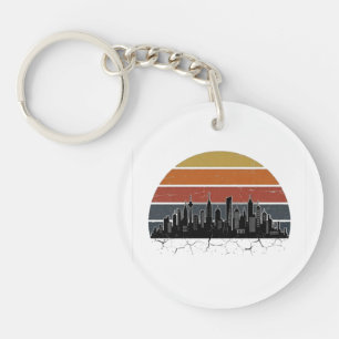 Retro 80s City Skyline Sunset Vintage Cityscape T- Key Ring