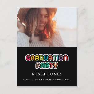 Retro 80s colourful graduation party photo postcard