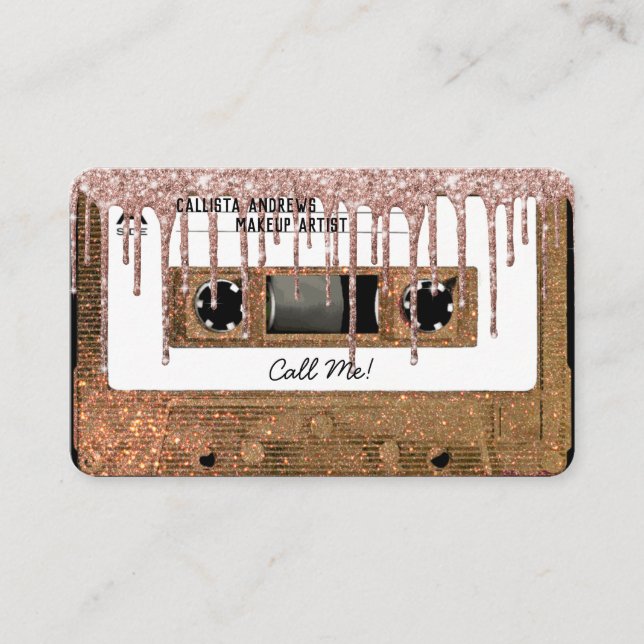Retro 80's Gold Glitter Drip Cassette Tape Mixtape Business Card (Front)