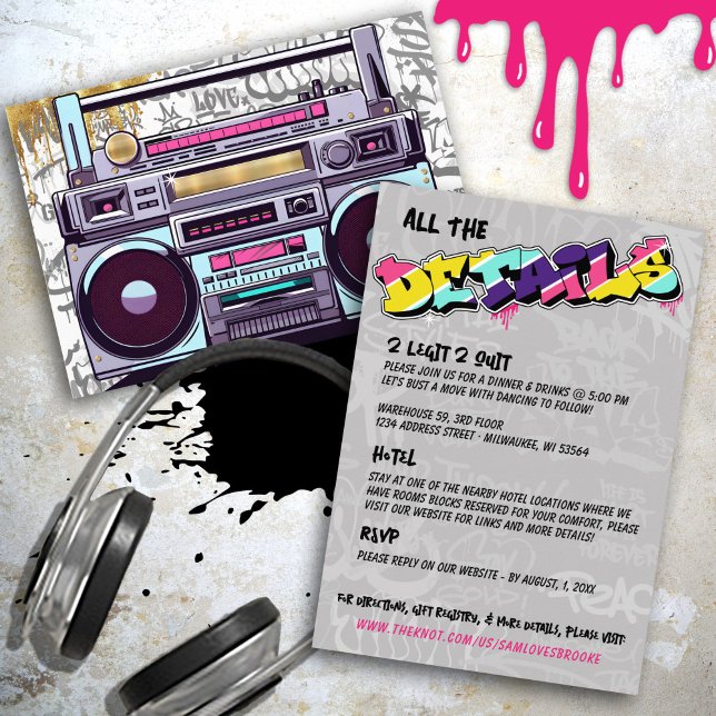 Retro 80's Hip Hop Gold Boombox Wedding Details Enclosure Card (Retro 80's Hip Hop boombox colorful graffiti hot pink aqua gold record album wedding details card)