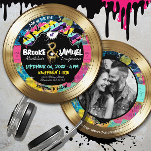Retro 80's Hip Hop Gold Vinyl Record Photo Wedding Invitation