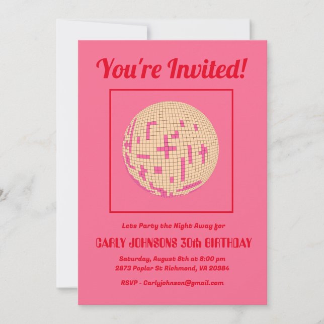 Retro 80s Hot Pink Red Disco 30th Birthday Party  Invitation (Front)