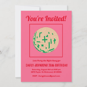 Retro 80s Hot Pink Red Green Disco 30th Birthday Invitation