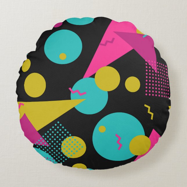 Retro 80s Memphis Geometric Design Round Cushion (Front)