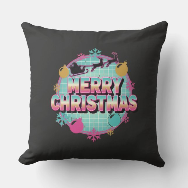 Retro 80s Merry Christmas Graphic Cushion (Front)