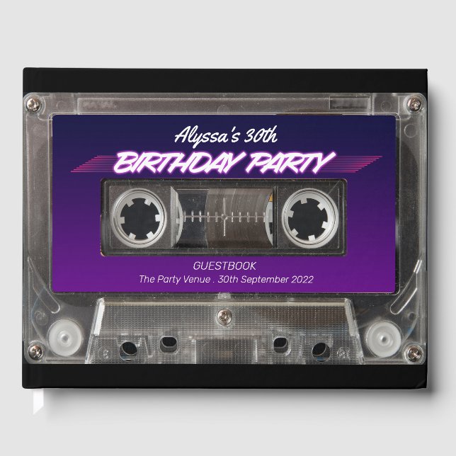 Retro 80s Mixtape Cassette Neon Purple Birthday Gu Guest Book (Front)