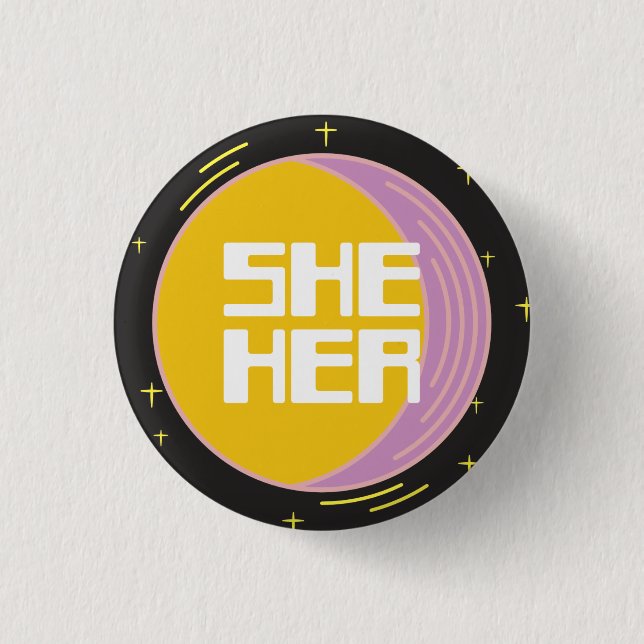 Retro 80s Moon She/Her Pronouns  3 Cm Round Badge (Front)