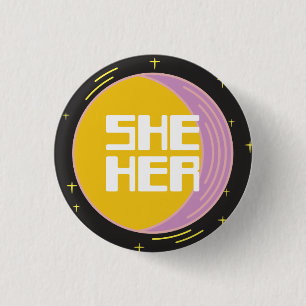 Retro 80s Moon She/Her Pronouns  3 Cm Round Badge