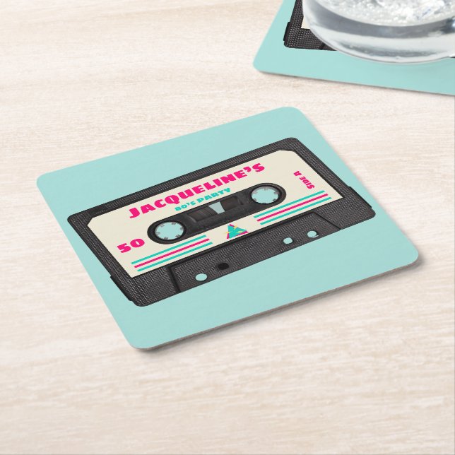 Retro 80s Music Mix Tape 50th Birthday Party  Square Paper Coaster (Angled)