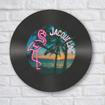 Retro 80s Music Record Tropical Neon Flamingo  Large Clock<br><div class="desc">👉 Put a smile on a face with this vintage themed faux vinyl record wall clock! This totally retro design with a neon pink flamingo and tropical sunset will certainly rock! - Simply click to personalise this design 🔥 My promises - This is unique - designed by me! - It...</div>