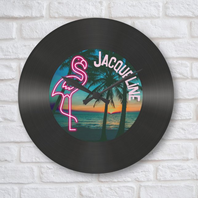 Retro 80s Music Record Tropical Neon Flamingo  Large Clock (Creator Uploaded)