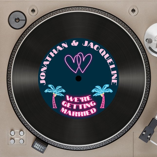 Retro 80s Music Tropical Neon Vinyl Record Wedding Invitation (Creator Uploaded)