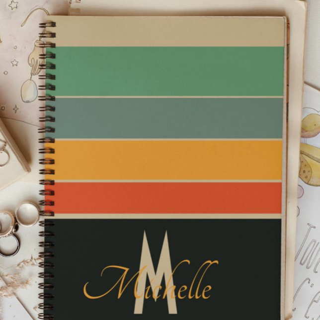 Retro 80s Navy Blue & Pink Striped Custom Name Notebook (Creator Uploaded)