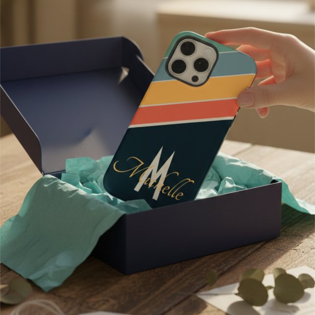 Retro 80s Navy Pink & Yellow Stripes Monogram iPhone Case (Creator Uploaded)