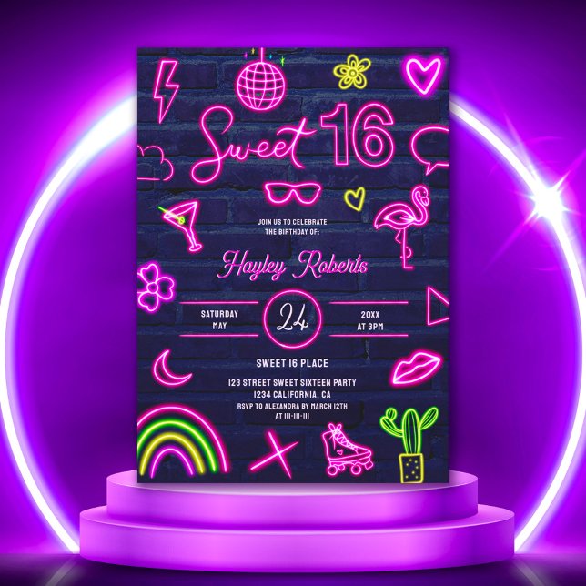 Retro 80s neon laser glow Sweet 16 navy blue brick Invitation (Creator Uploaded)