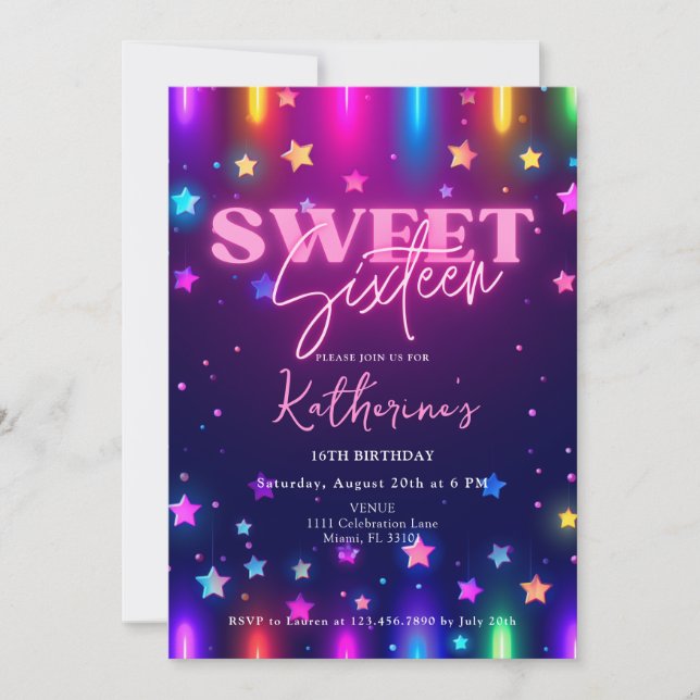 Retro 80s Neon Laser Glow Sweet 16 Sixteen Invitation (Front)