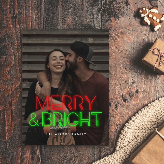 Retro 80s Neon lights Merry & Bright photo Holiday Postcard (Creator Uploaded)
