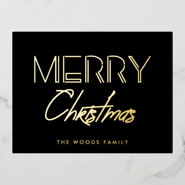 Retro 80s Neon lights Merry Christmas Foil Holiday Postcard (Front)