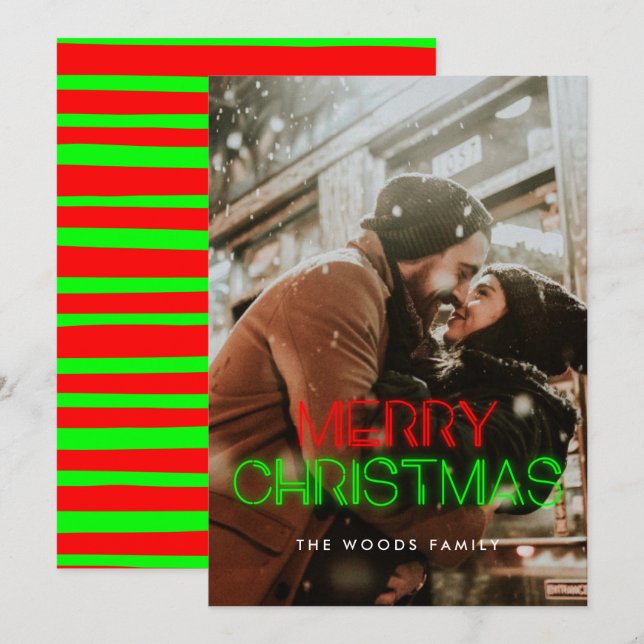 Retro 80s Neon Lights Merry Christmas Photo Holiday Card (Front/Back)
