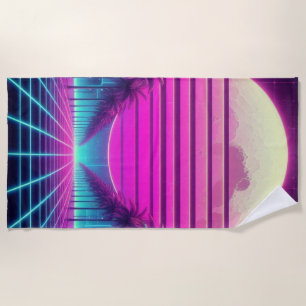 retro, 80s neon moon/palms beach towel