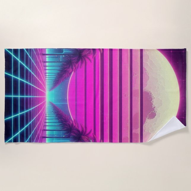 retro, 80s neon moon/palms beach towel (Front)