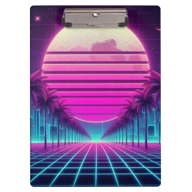 retro, 80s neon moon/palms clipboard (Front)