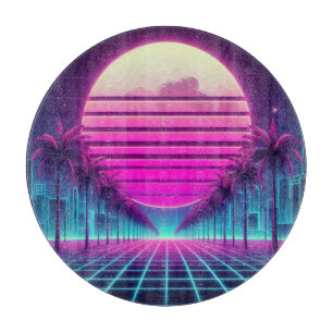 retro, 80s neon moon/palms cutting board