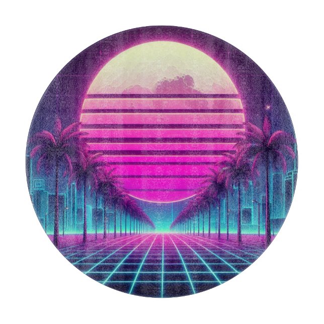 retro, 80s neon moon/palms cutting board (Front)