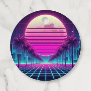 retro, 80s neon moon/palms favour tags