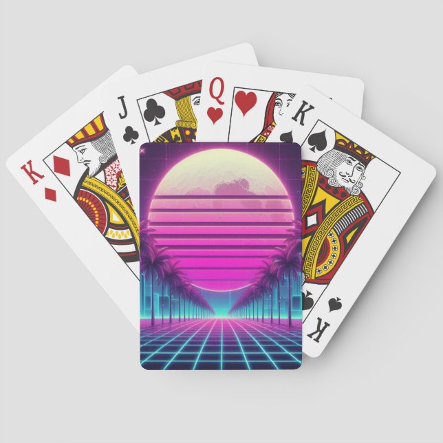 retro, 80s neon moon/palms playing cards (Back)