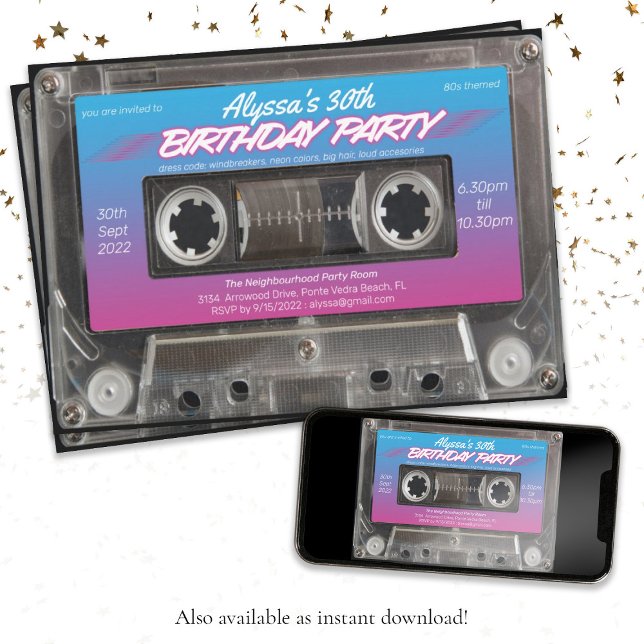 Retro 80s Neon Pink Blue Mixtape Cassette Party In Invitation (Retro 80s Neon Pink Blue Mixtape Cassette Party In Invitation)