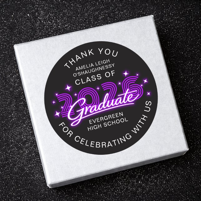 Retro 80s Neon Purple Graduation Thank You Classic Round Sticker (Creator Uploaded)