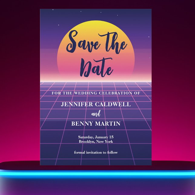 Retro 80s Neon Purple Synthwave Sunset Rock Star Save The Date (Creator Uploaded)