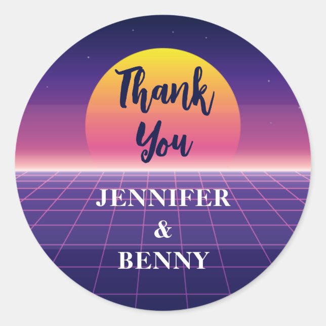 Retro 80s Neon Purple Synthwave Sunset Thank You Classic Round Sticker (Front)