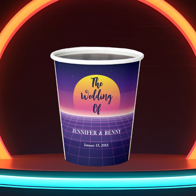 Retro 80s Neon Purple Synthwave Sunset Wedding Paper Cups (Creator Uploaded)