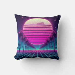 retro, 80s neon sun/palms/sunset cushion