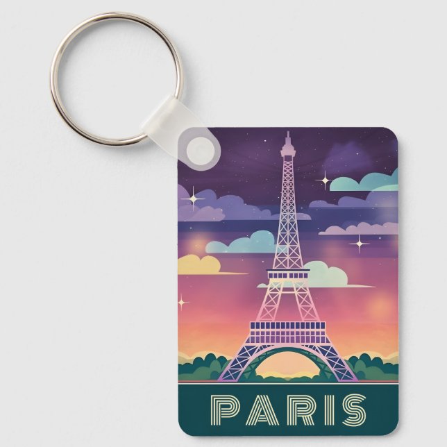 Retro 80s Neon Synthwave Eiffel Tower Paris France Key Ring (Front)
