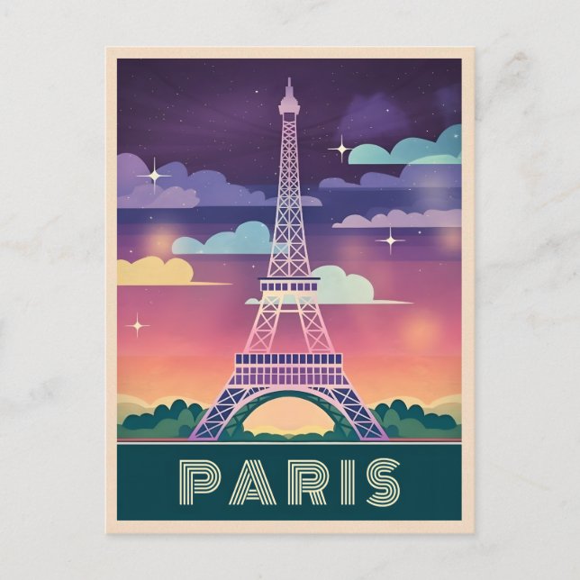 Retro 80s Neon Synthwave Eiffel Tower Paris France Postcard (Front)