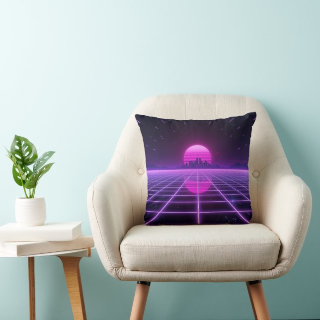 Retro 80s Neon Synthwave Grid Cushion (Chair)