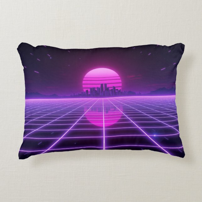 Retro 80s Neon Synthwave Grid Decorative Cushion (Front)