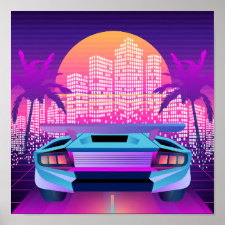 Retro 80s Neon Vaporwave City Sunset and Car Poster