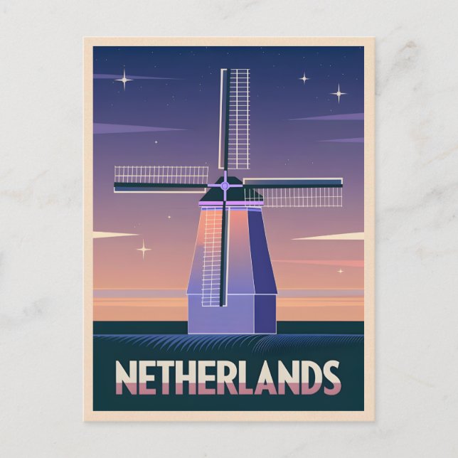 Retro 80s Neon Vaporwave Netherlands Windmill Post Postcard (Front)