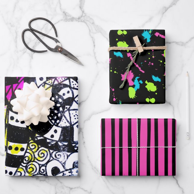 Retro 80s Paint Splatter Stripes Graffiti Doodles Wrapping Paper Sheet (Front)