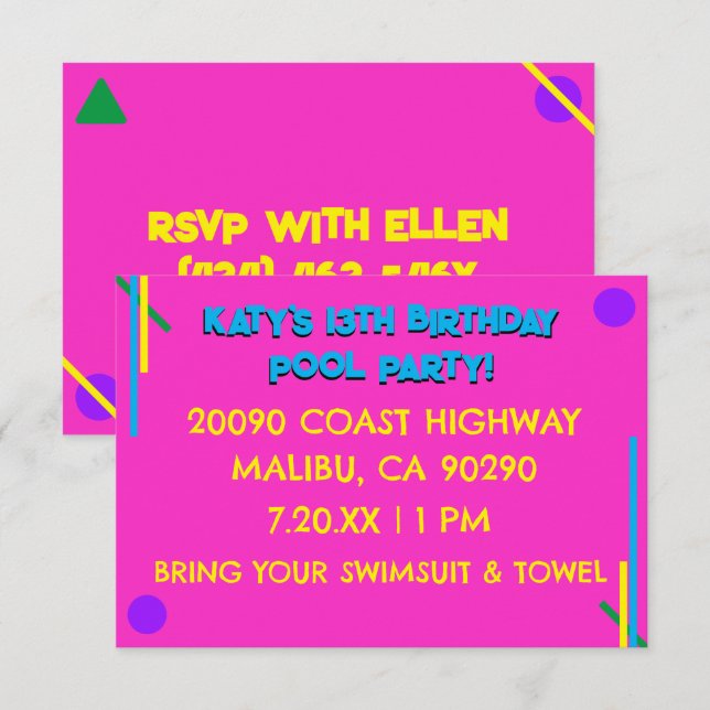 Retro 80's  Pink Girl's 13th Birthday Pool Party Invitation (Front/Back)