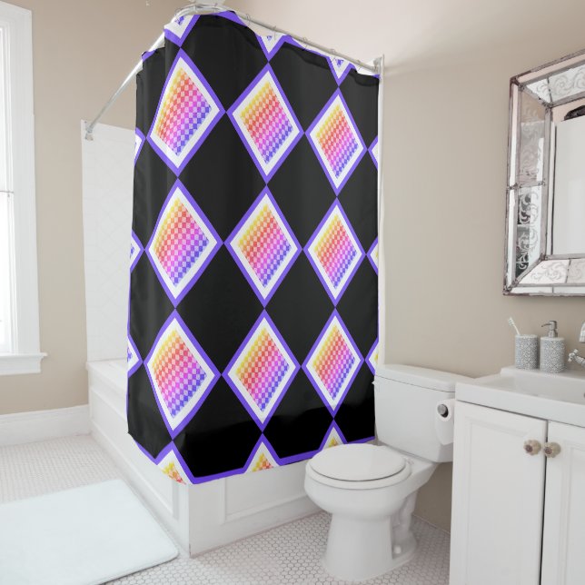 Retro 80s Pixelated Cube Diamonds Rainbow Shower Curtain (In Situ)