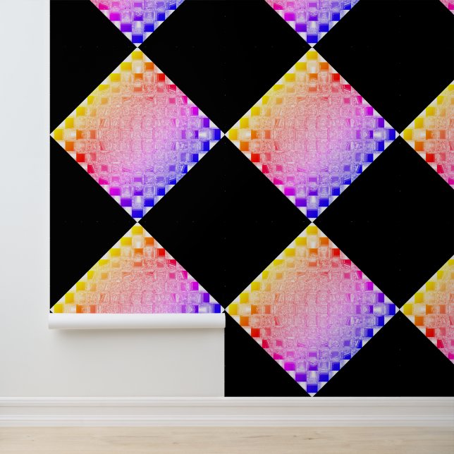 Retro 80s Pixelated Glass Cube Chequerboard Square Wallpaper (Application)
