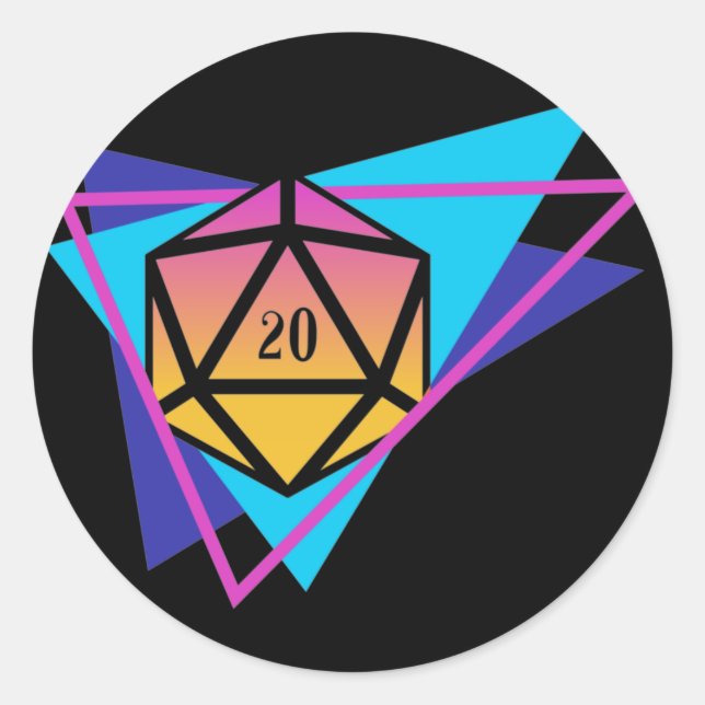 Retro 80s Polyhedral D20 Dice Tabletop RPG Classic Round Sticker (Front)
