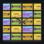 Retro 80s Pop Art Cassette Tapes Square Wall Clock<br><div class="desc">Back in the eighties everyone was wearing headphones and listening to their music on a portable cassette player. Insert your cassette and you had music anywhere anytime, until Side A came to an end and the tape had to be turned over to Side B. People could even make your own...</div>
