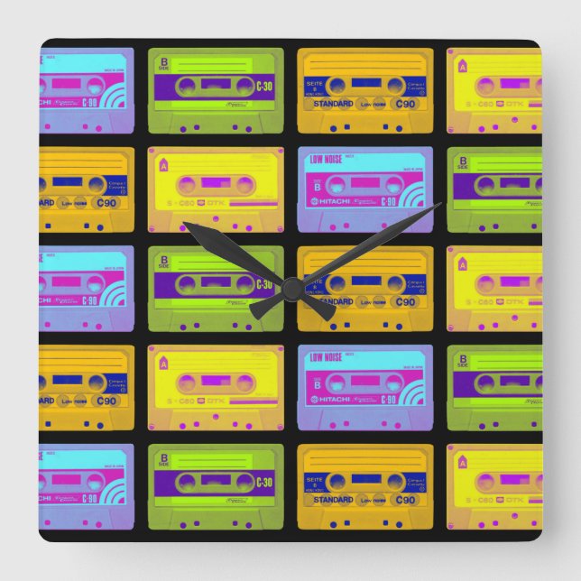 Retro 80s Pop Art Cassette Tapes Square Wall Clock (Front)