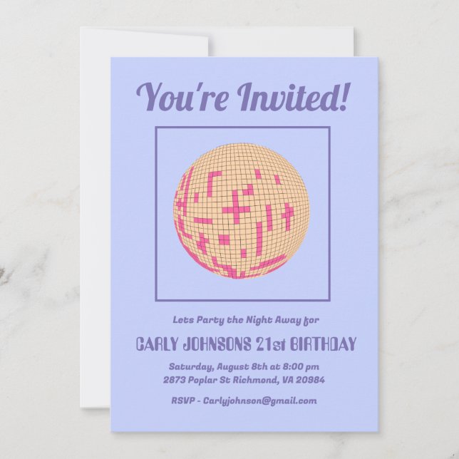 Retro 80s Purple Pink Yellow Disco 21st Birthday  Invitation (Front)